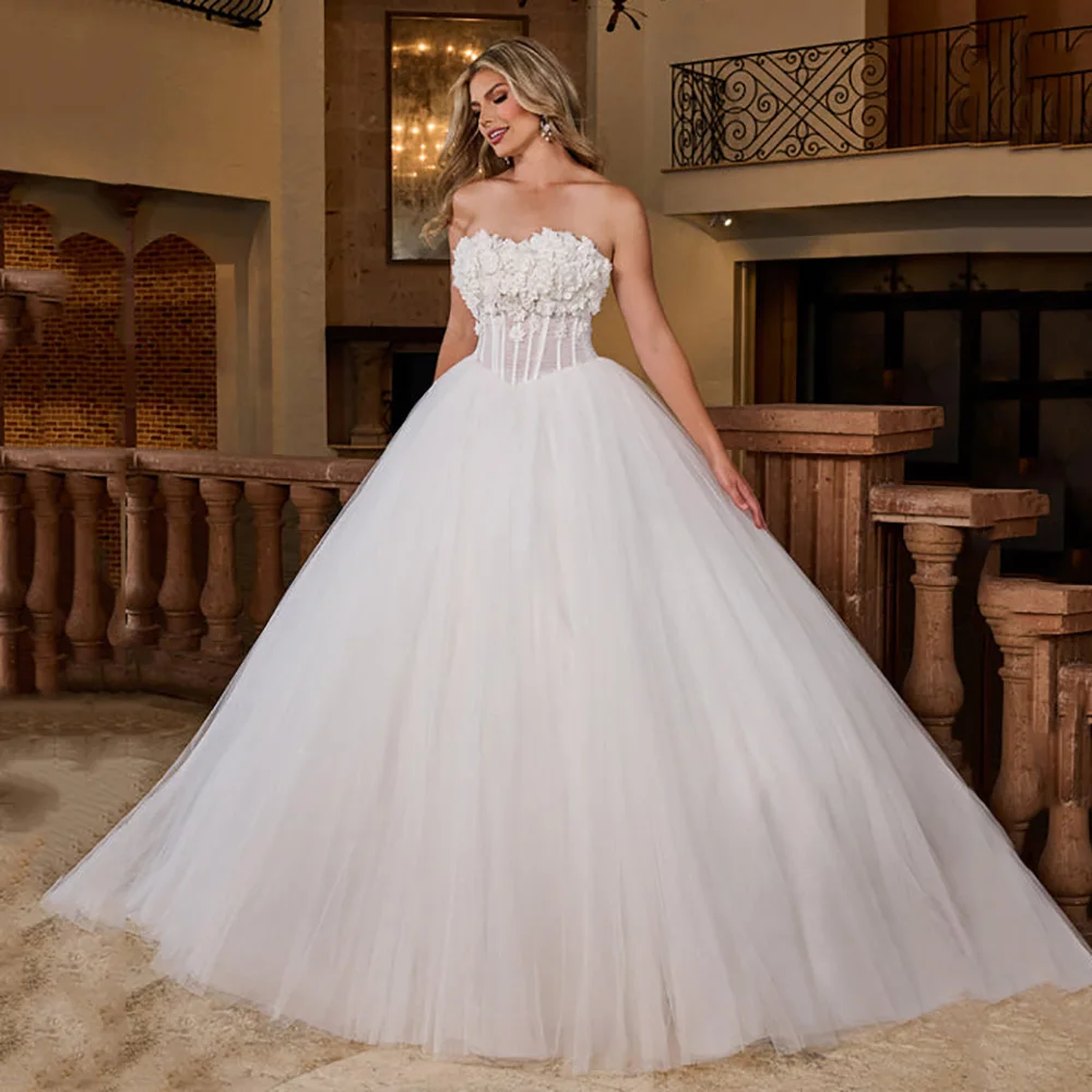 Customized Luxury Wedding Dress 2026 Strapless Floral Appliques Corset Ball Gown Bridal Dress 3D Flower Beads Bride Gown