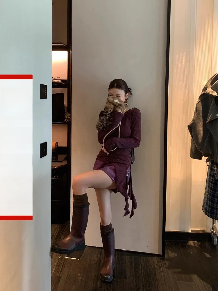 

Женская футболка DULA Cru с длинным рукавом, осенне-зимняя, асимметричная, приталенная, с поясом, повседневная, универсальная, из смесового хлопка