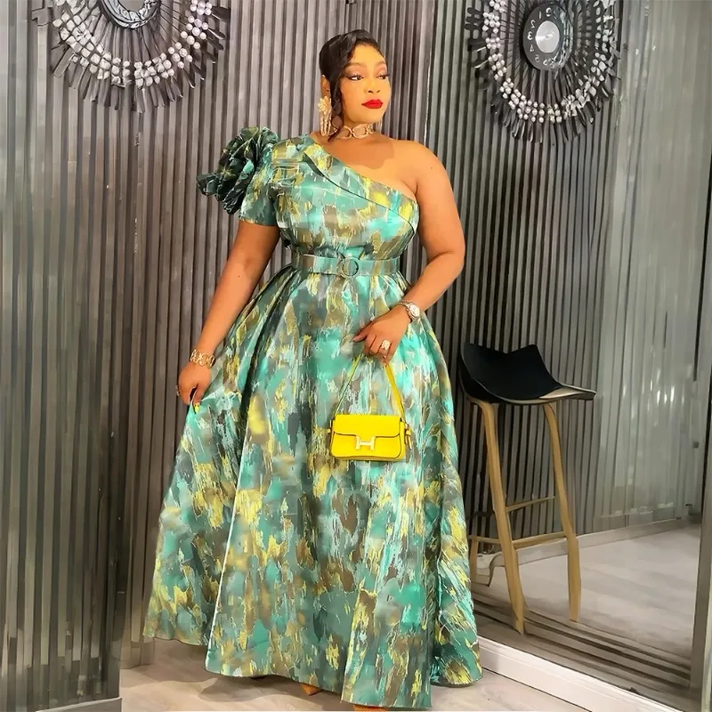 

2025 New Elegant African Dress Dashiki Ankara Print Long Dress One Shoulder Turkey Wedding Party Clothing for Women Plus Size