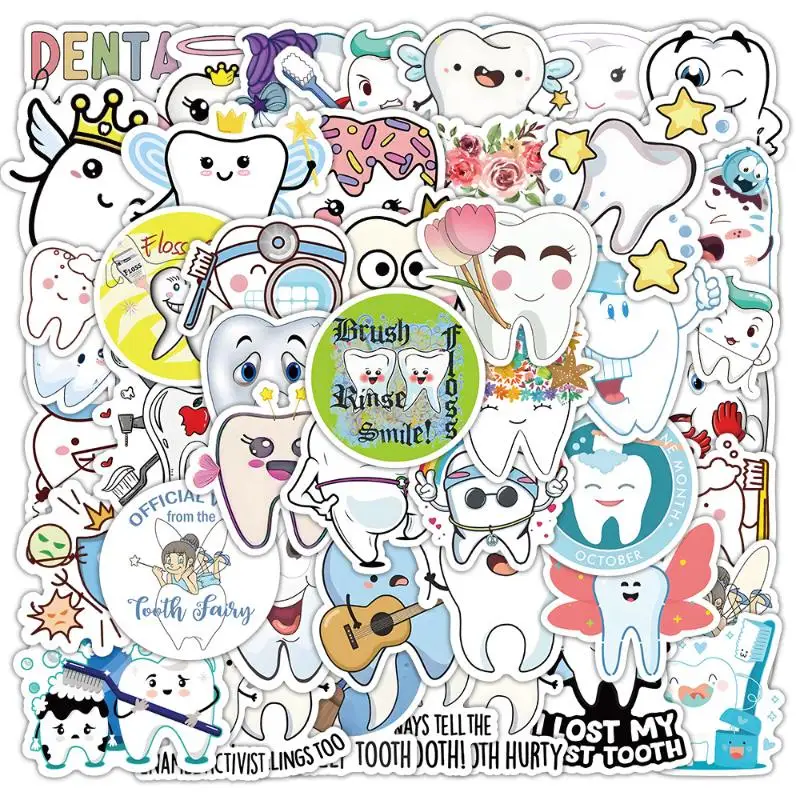 50Pcs Dental Stickers Cartoon Decoration Tooth Shaped Sticker Dentistry Dental Clinic Decals Early Childhood Education Supplies