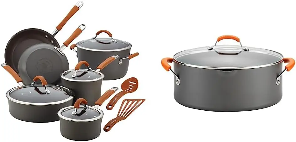 Ray Cucina Dishwasher Safe Hard Anodized Nonstick Cookware Pots and Pans Set, 12 Piece, Gray with Orange Handles