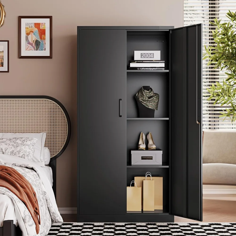 

Metal Black Storage Cabinet with Adjustable Shelves and Lock Door-Metal Pantry Cabinets for Home,Office,Warehouse,Utility