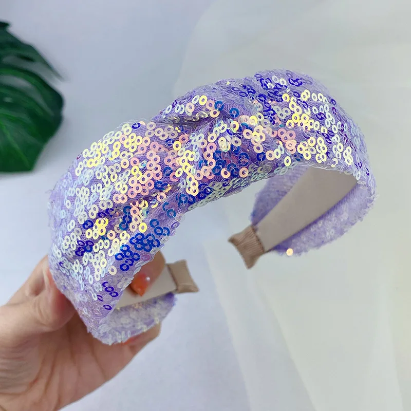 Dreamy Sequin Yarn Headband Scrunchies Purple Mermaid Princess Crystal Ball Knotted Shinning Lace Bow Hair Accessory Head Wrap
