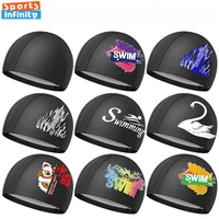 Gorros de natación para adultos, gorro de natación estampado a la moda para mujeres, gorros de natación impermeables de PU para hombres, gorro de natación con protección para los oídos, venta al por mayor