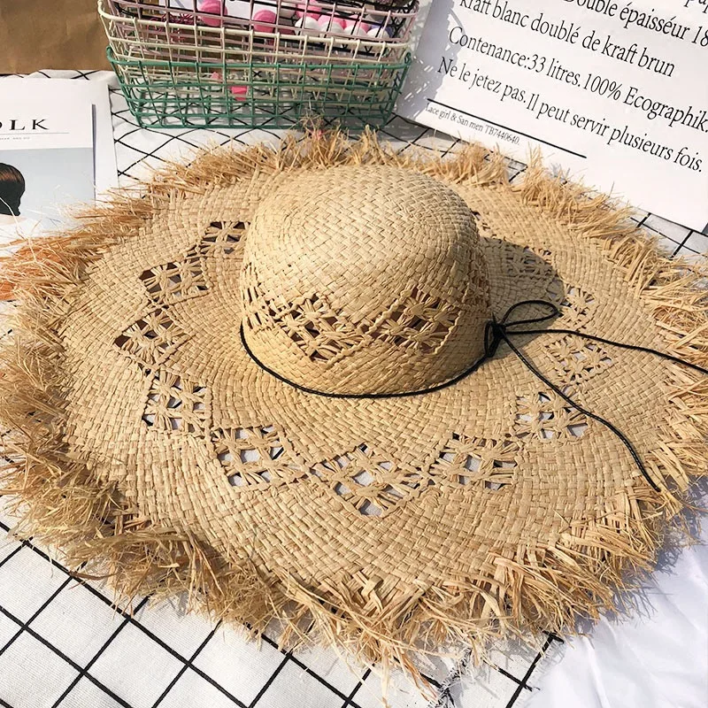 

NEW Handmade Women Straw Sun Hats Large Wide Brim Gilrs High Quality Natural Raffia Panama Beach Straw Sun Caps For Holiday