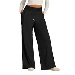 Women's Pant High Waisted Cotton Linen Pants Drawstring Waist Wide Leg Loose Trousers with Pockets