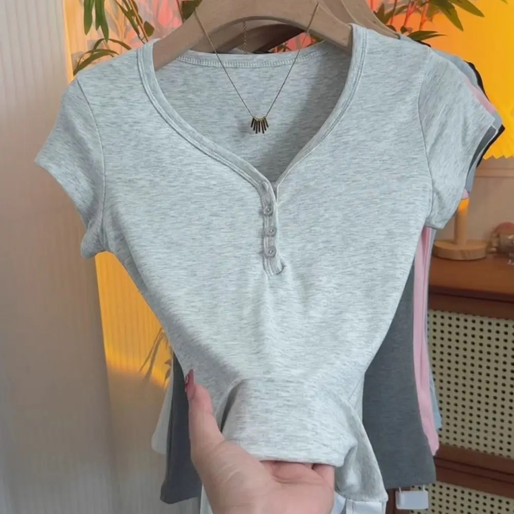 الكورية نمط سليم صالح تي شيرتات قصيرة الاكمام زر بلون المحاصيل الأعلى المرأة شيك بسيط الخامس الرقبة تيز الفتيات #4