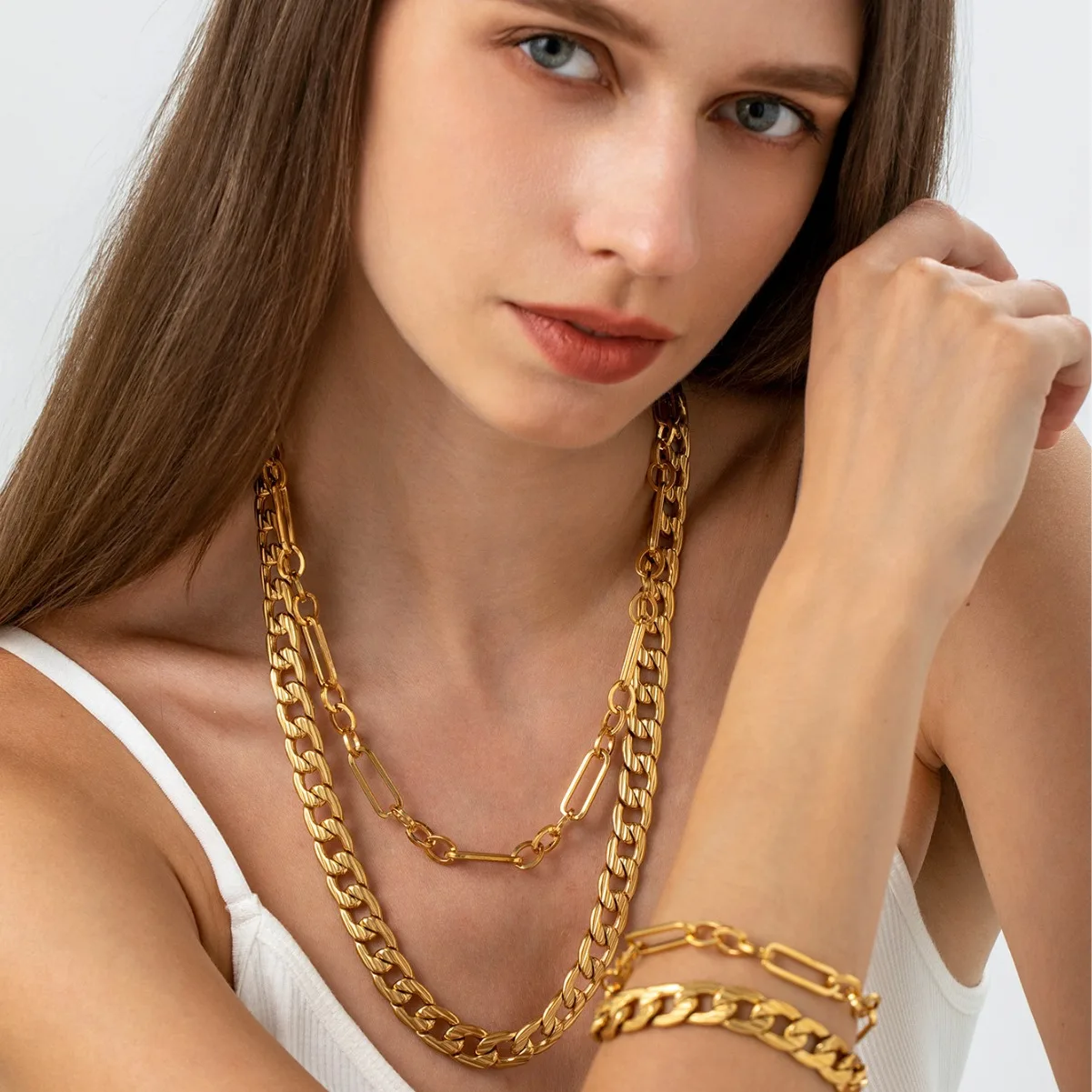 

Simple Retro Bracelet Double Stacked Necklace Paper Clip Splicing Women's Jewelry Set