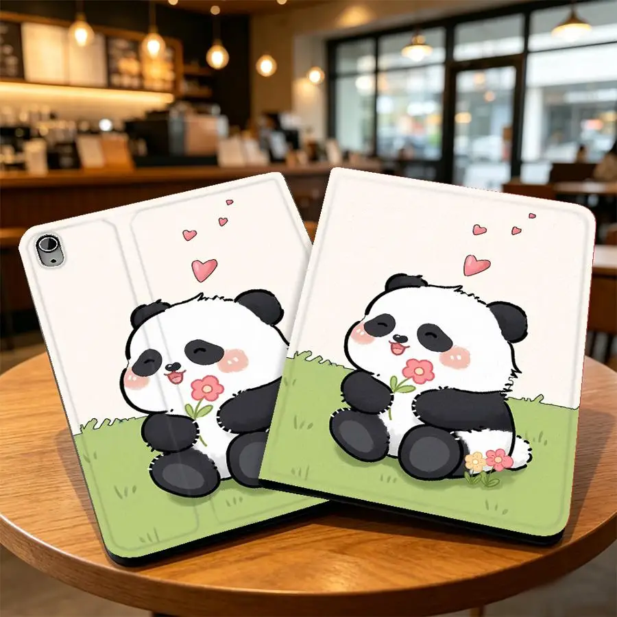 Grass Blush Panda Print With Pencil Holder Case for Apple iPad Pro11 13 Air 11 13 M4 M3 M2 A16 2026 10th 7/8/9th Air 4/5/6th