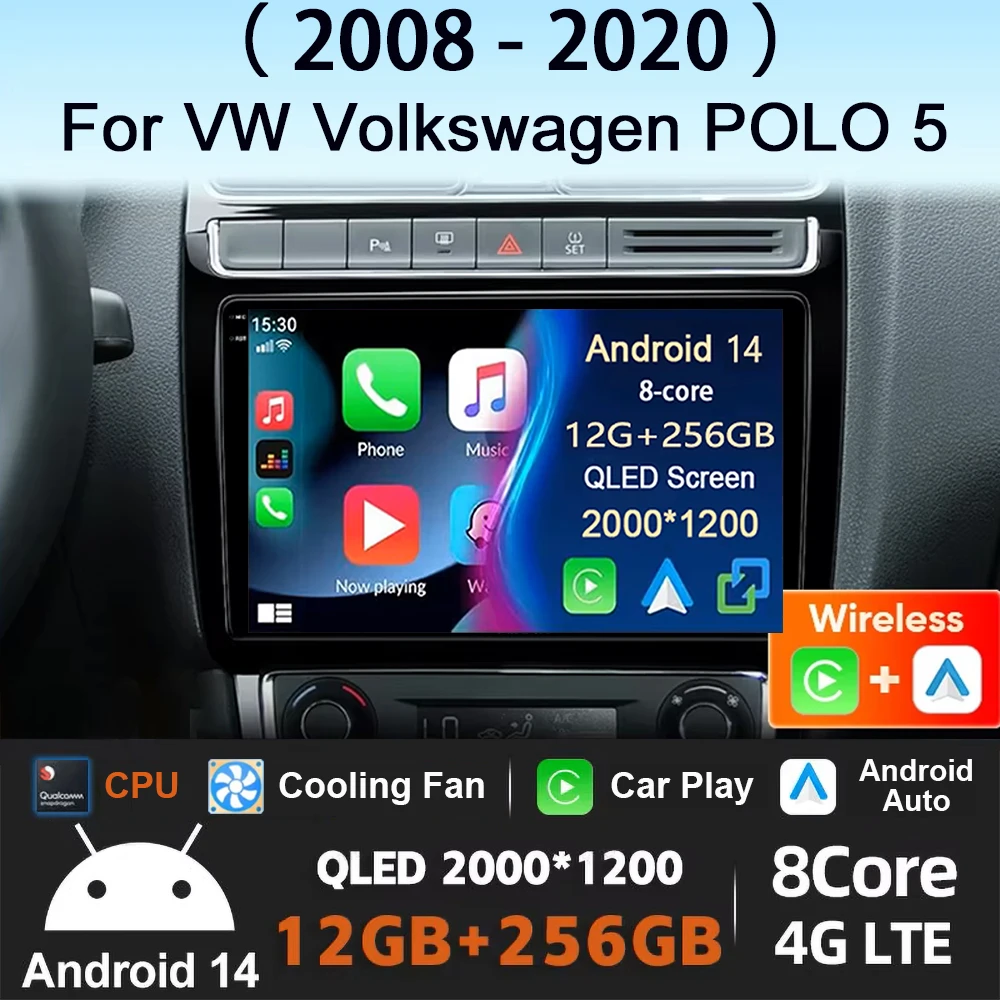 For Volkswagen VW Polo 5 Sedan 2008-2020 Android 14 Car Radio Multimedia Player Navigation GPS Carplay Touch Screen Auto Stereo