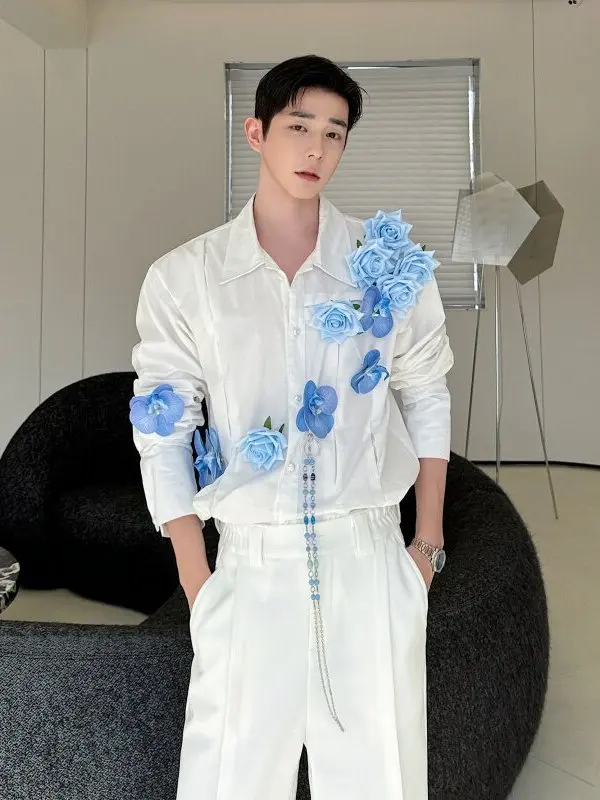 

Handmade Blue Floral Long Sve irt Men's High-End Sensation Lightweight Luxury Design Trendy Cotton Polyester Blend Casua...