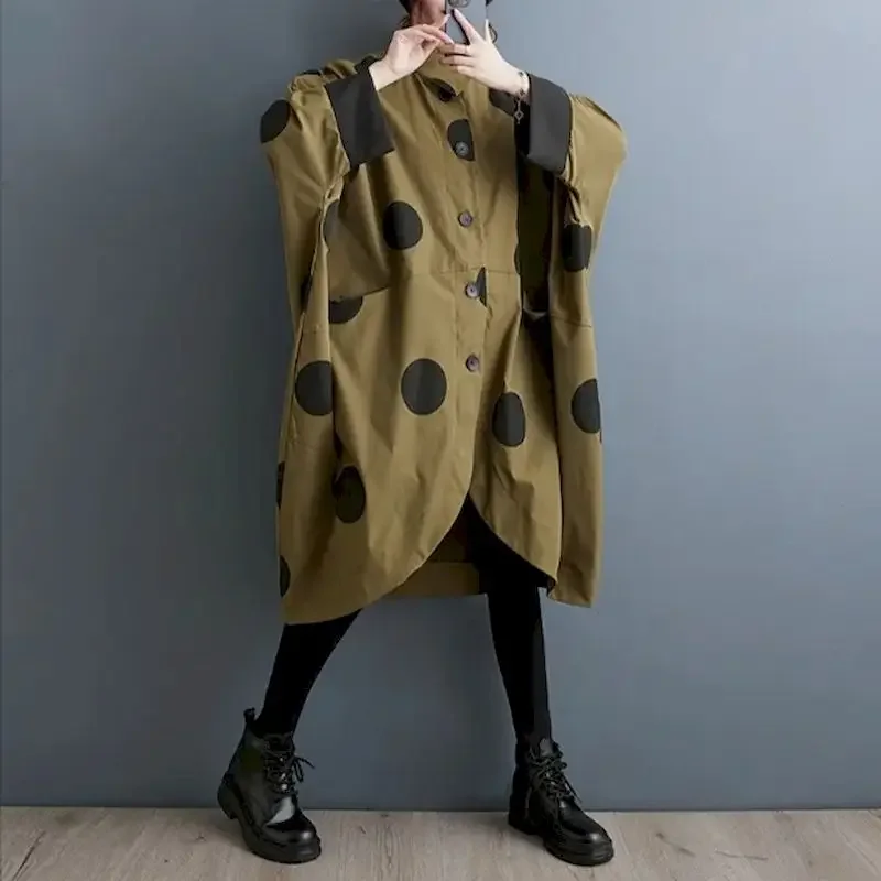 

Рубашки, пальто, женские винтажные однобортные однобортные плащи средней длины с длинными рукавами и принтом в горошек, корейский стиль