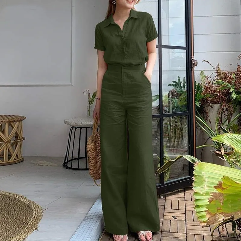 Women\'s Suit Summer Fashion Lapel Short Sleeve Shirt Wide Leg Pants Two Piece Set Women Vintage Office Sets Casual Tracksuits