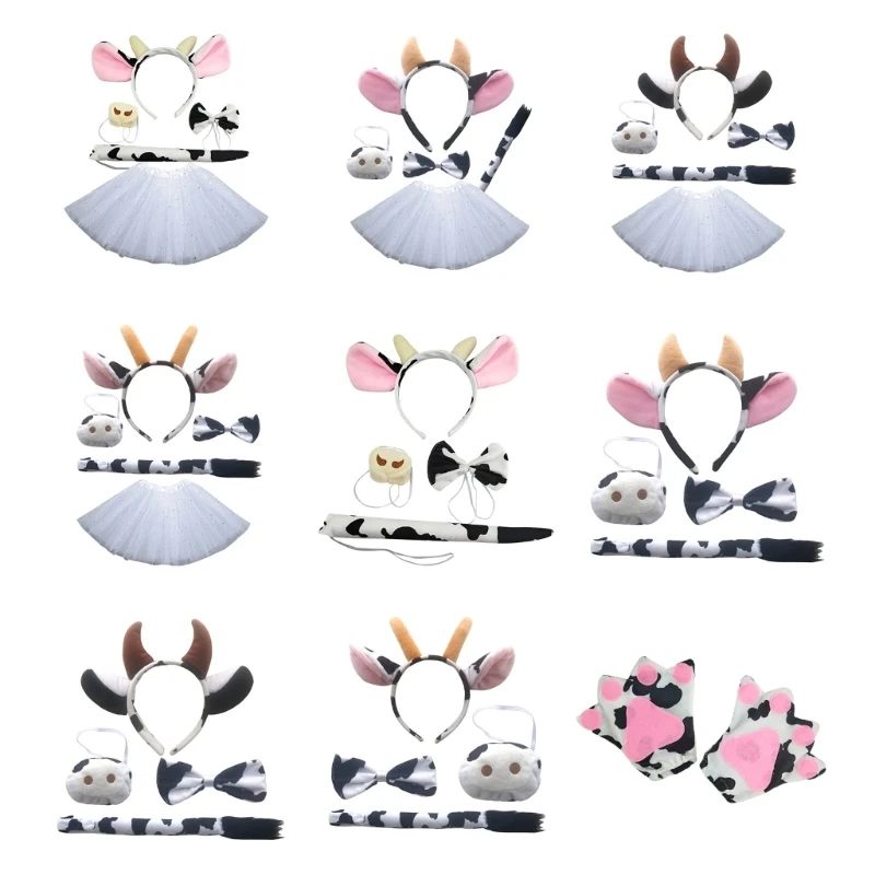 Cow Costume Set Cow Ears Headband Tail Bowtie Skirt Gloves Snout for-Kids