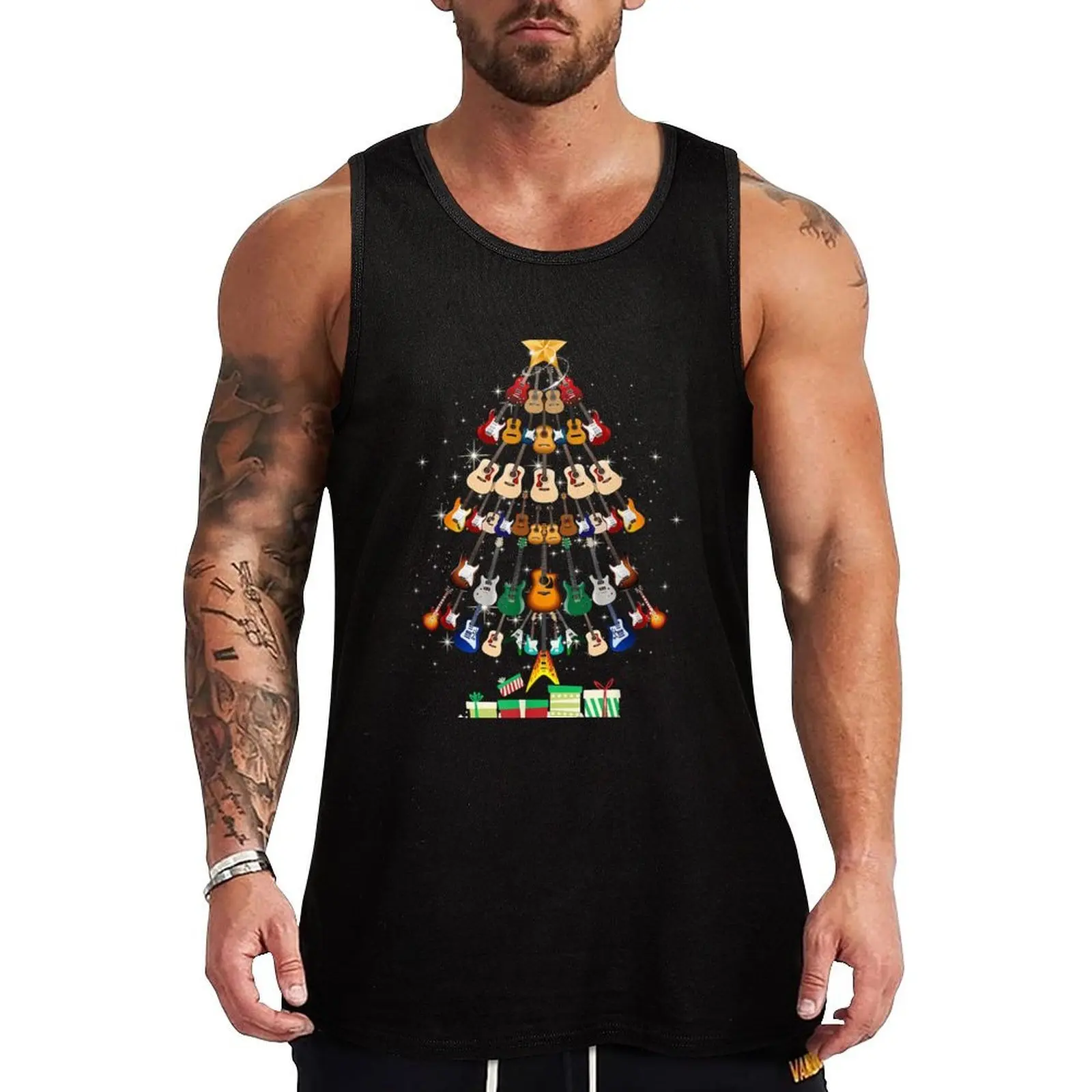 Christmas Guitar Tree Shirt Funny Merry Xmas Gifts Tank Top Workout Tank Top Breathable Athletic Fitness Sleeveless