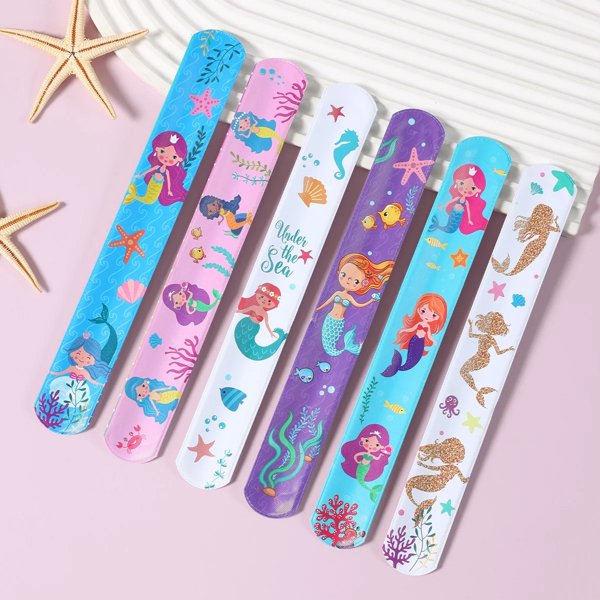 12/24pcs Cartoon Mermaid Slap Wristband Set Gift for Girls Under The Sea Shell Bracelets Mermaid Theme Birthday Party Kids Favor