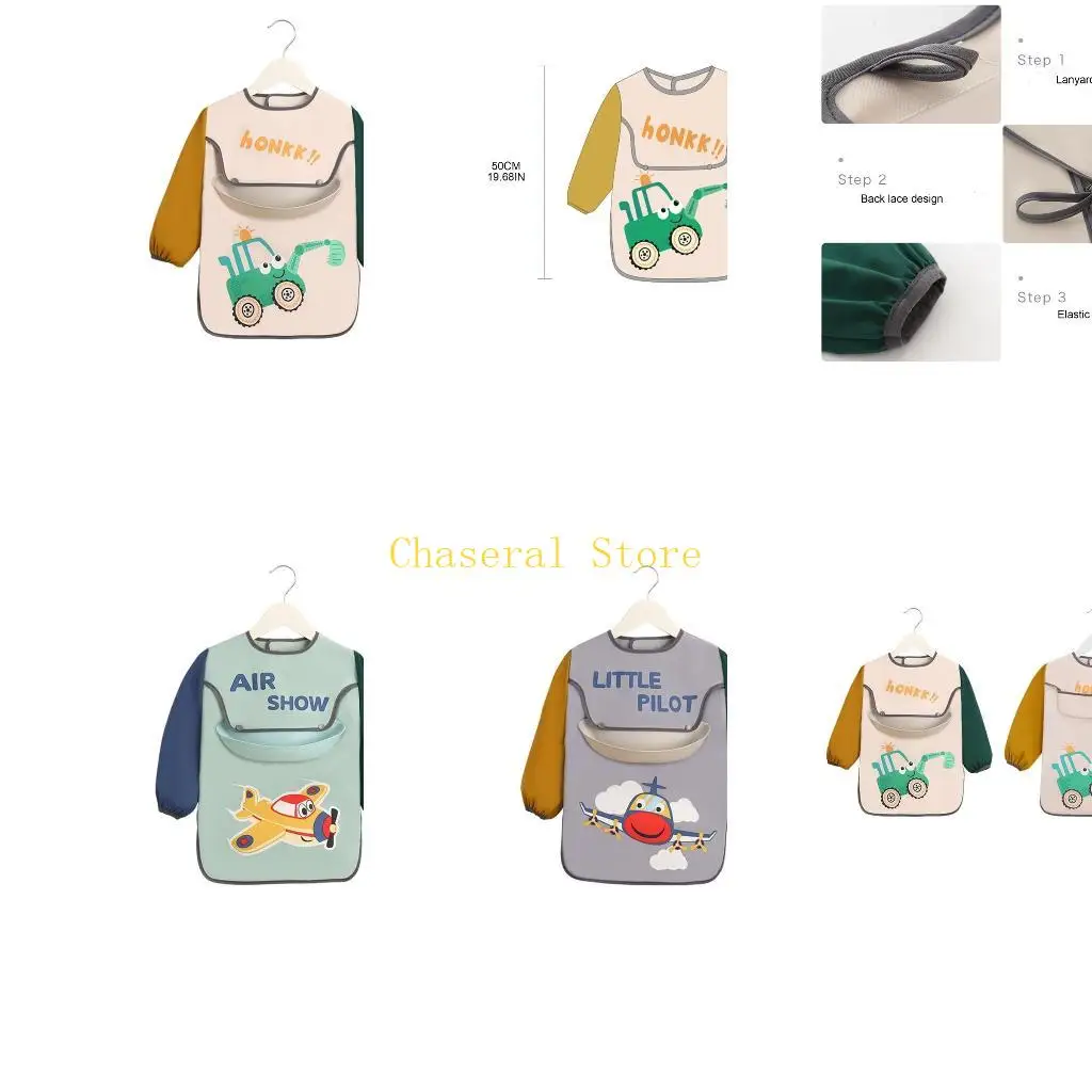 E7CE Waterproof Baby Cartoon Printed Bib Children Adjustable Long Sleeve Apron Smock