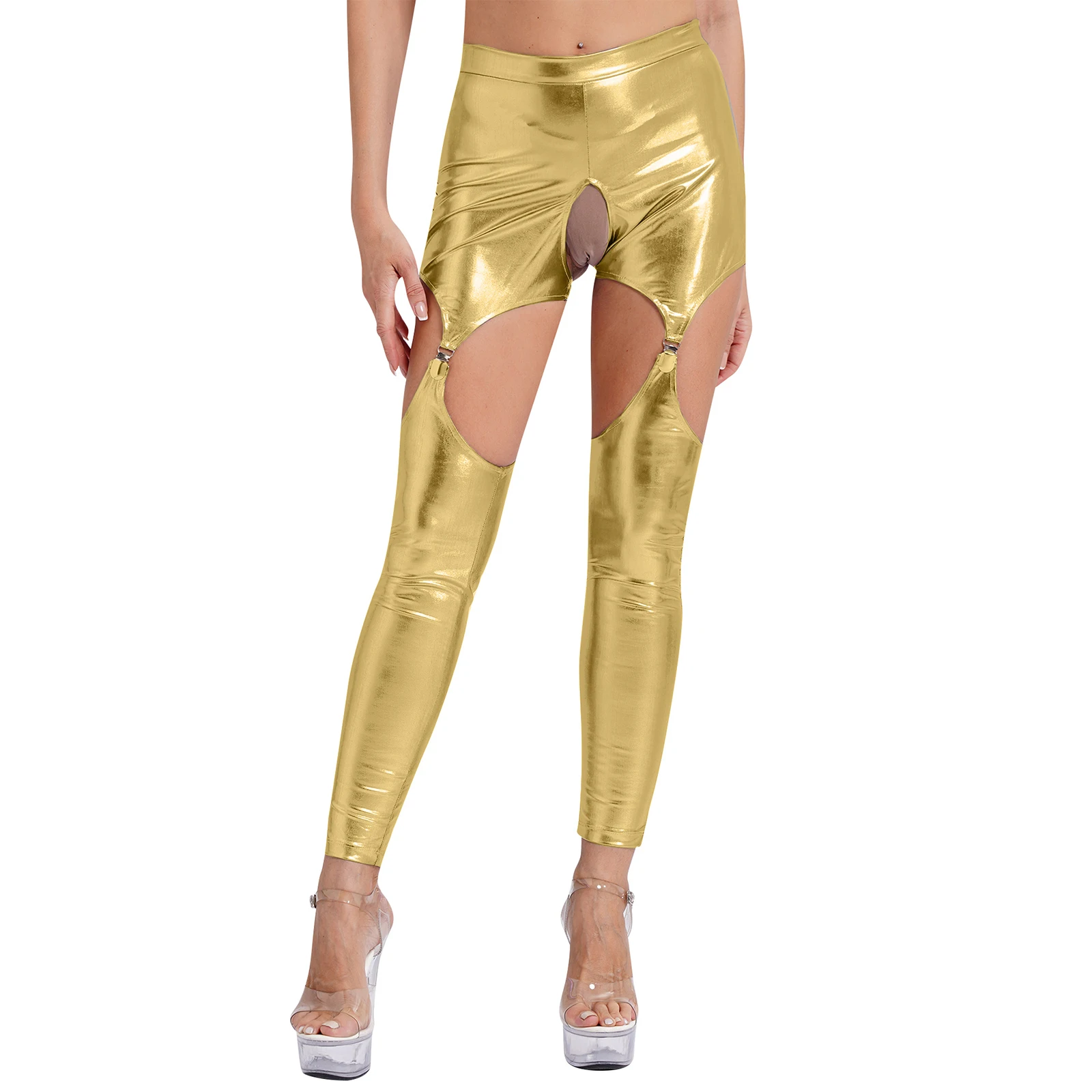 Womens Metallic Shiny Gothic Garter Leggings with Metal Clips High Waist Hollow Out Open Crotch Tights Solid Skinny Long Pants