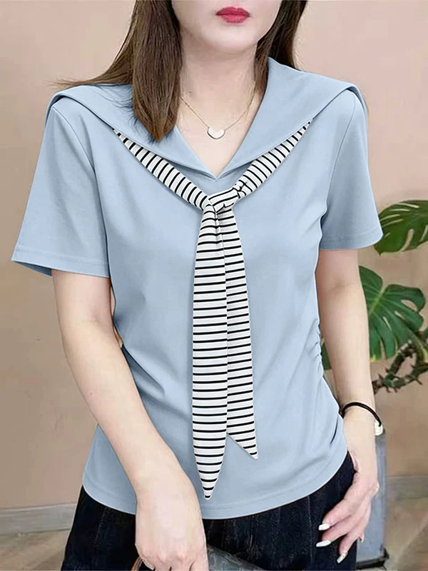 Summer Wear 95 Cotton Nautical Collar Short Sleeve T-Shirt Women Loose Fashionable Striped Shoulder Wrap Versatile plus Size ...