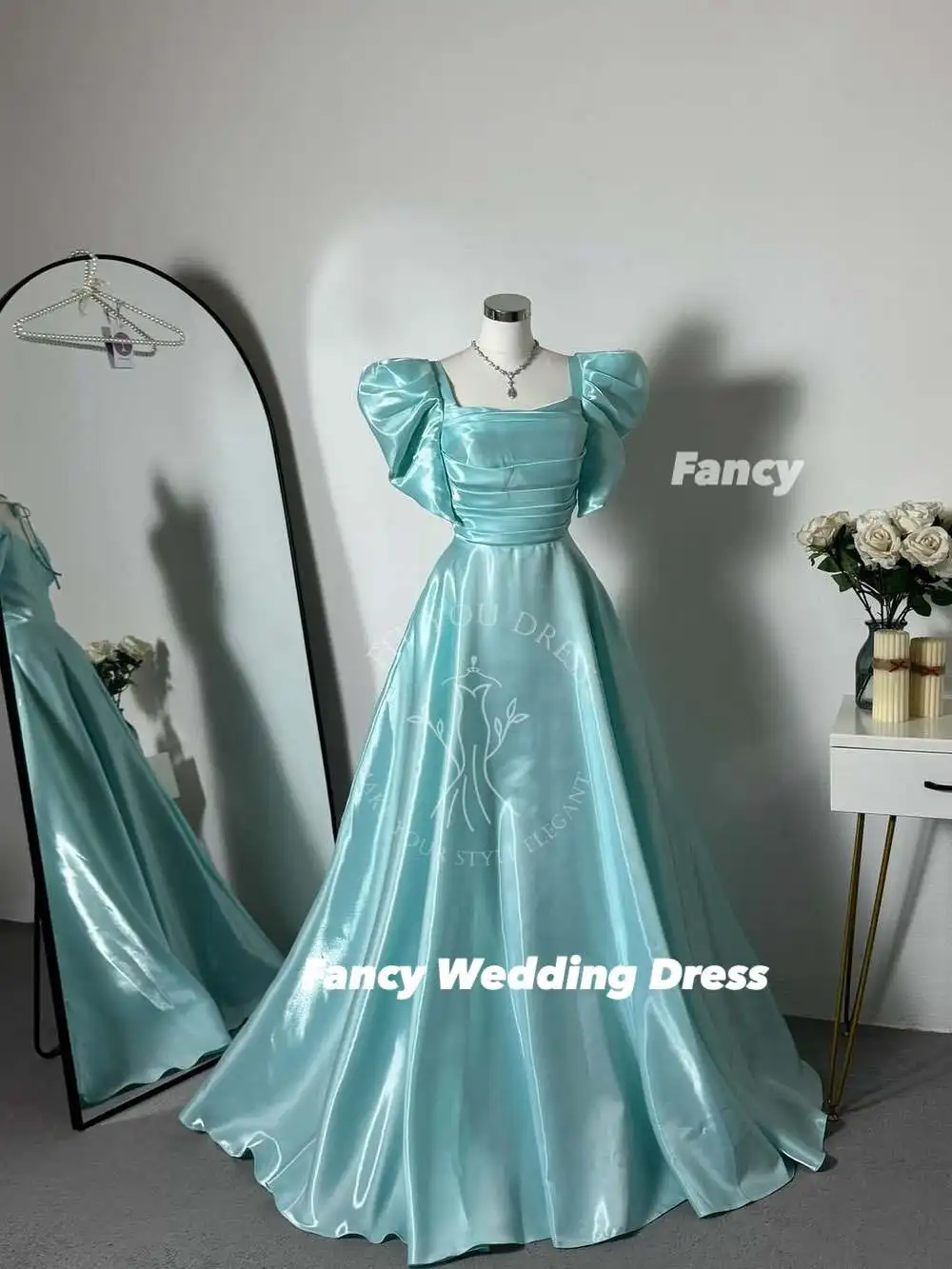 Fancy Elegant Square Neck Evening Dress Green Soft Satin Prom Gown Puff Sleeve Birthday Party Dresses Back Corset Customized