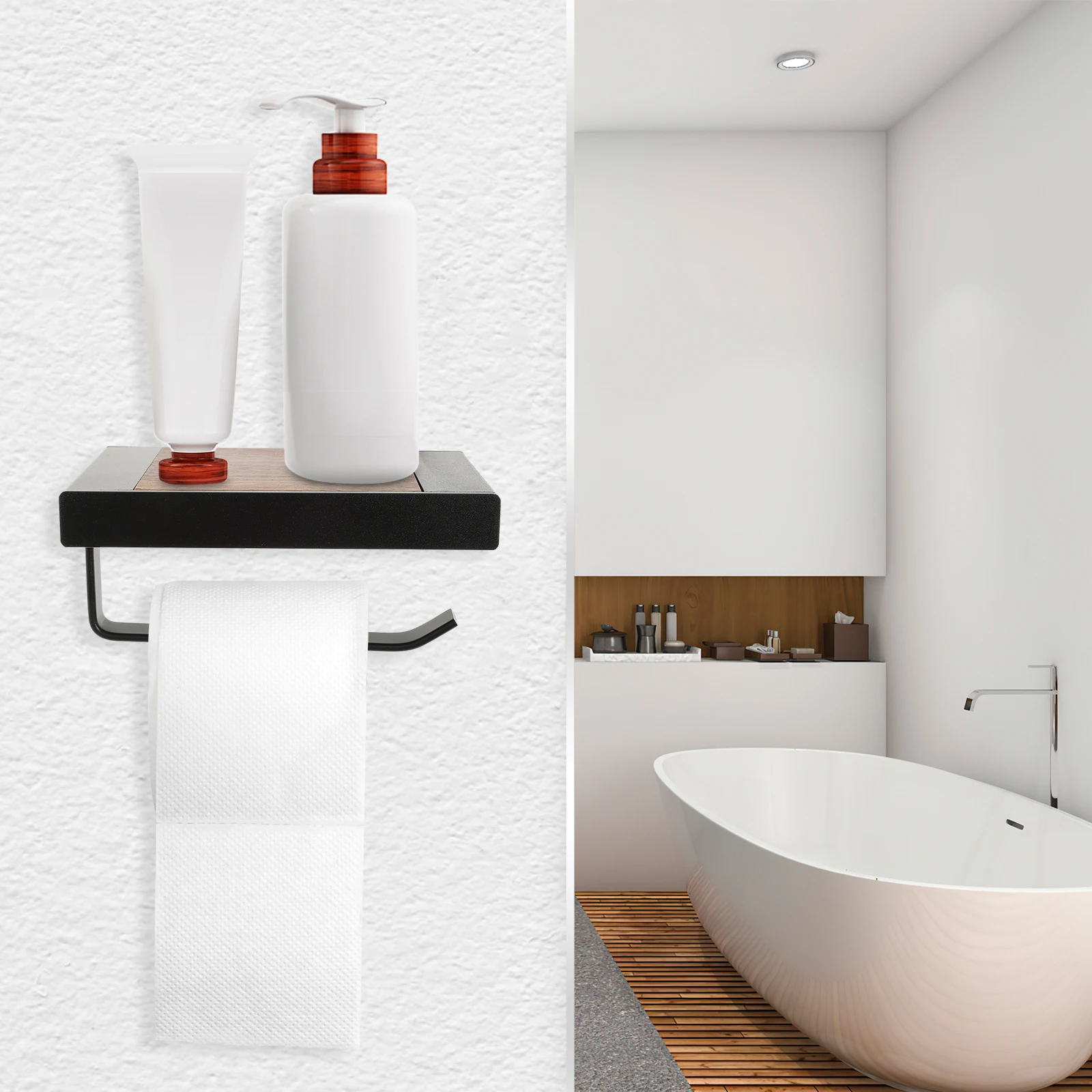 

Wooden Toilet Paper Holder No Drill Mounting Black Aluminum Alloy Multifunctional Storage Shelf Bathroom Wall Mounted Roll Rack