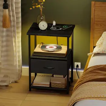 Juego de 2 mesitas de noche con base de carga, mesita de noche LED con cajones de tela, mesa auxiliar con acabado de PU, mesita de noche, color negro 10 best sales Juego de 2 mesitas de noche - №3