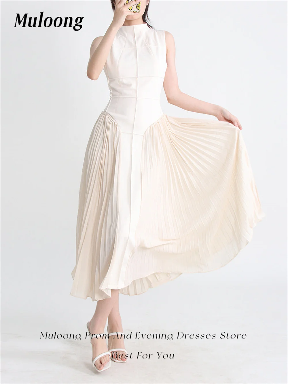 Muloong Beige Mandarin Collar Evening Dress A Line Pleated Haute Couture Dress Tea Length Sleeveless Prom Gown