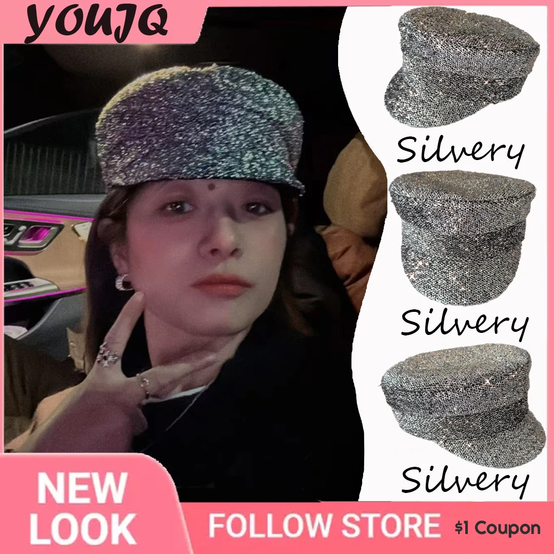 

Brand Designer Silvery Baker Boy Caps Shine Newsboy Caps Super Flash Performance Party Show Flat Cap Boinas Para Hombre