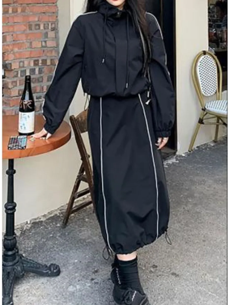 Vintage Black Hooded Jacket and Skirt Tracksuit Women Y2k Long Sleeve Sport Corpcore Coat Top Loose Spring Summer Clothes Set