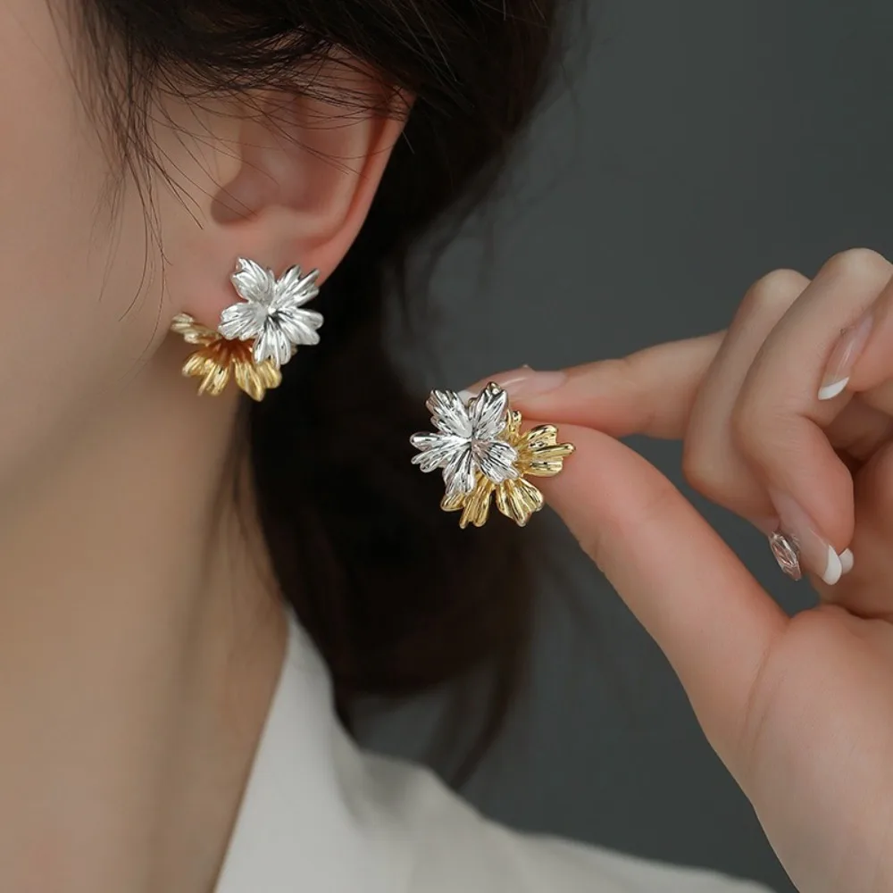 Korea Designer Style Gold Silver Double Color Firework Flower Stud Earrings for Women Two Ways To Wear It Exquisite Jewelry Gift