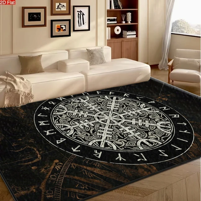 Viking Rune and Celtic Knot Pattern Carpet Flooring for Living Room Bedroom Gothic Style Non-Slip Durable Floor Mat