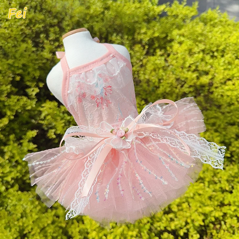 

Pink Dog Dress Princess Tutu Lace Bowknot Skirt for Small Dogs, Summer Candy Color Puppy Clothes Blue White Fashion Sequin Party
