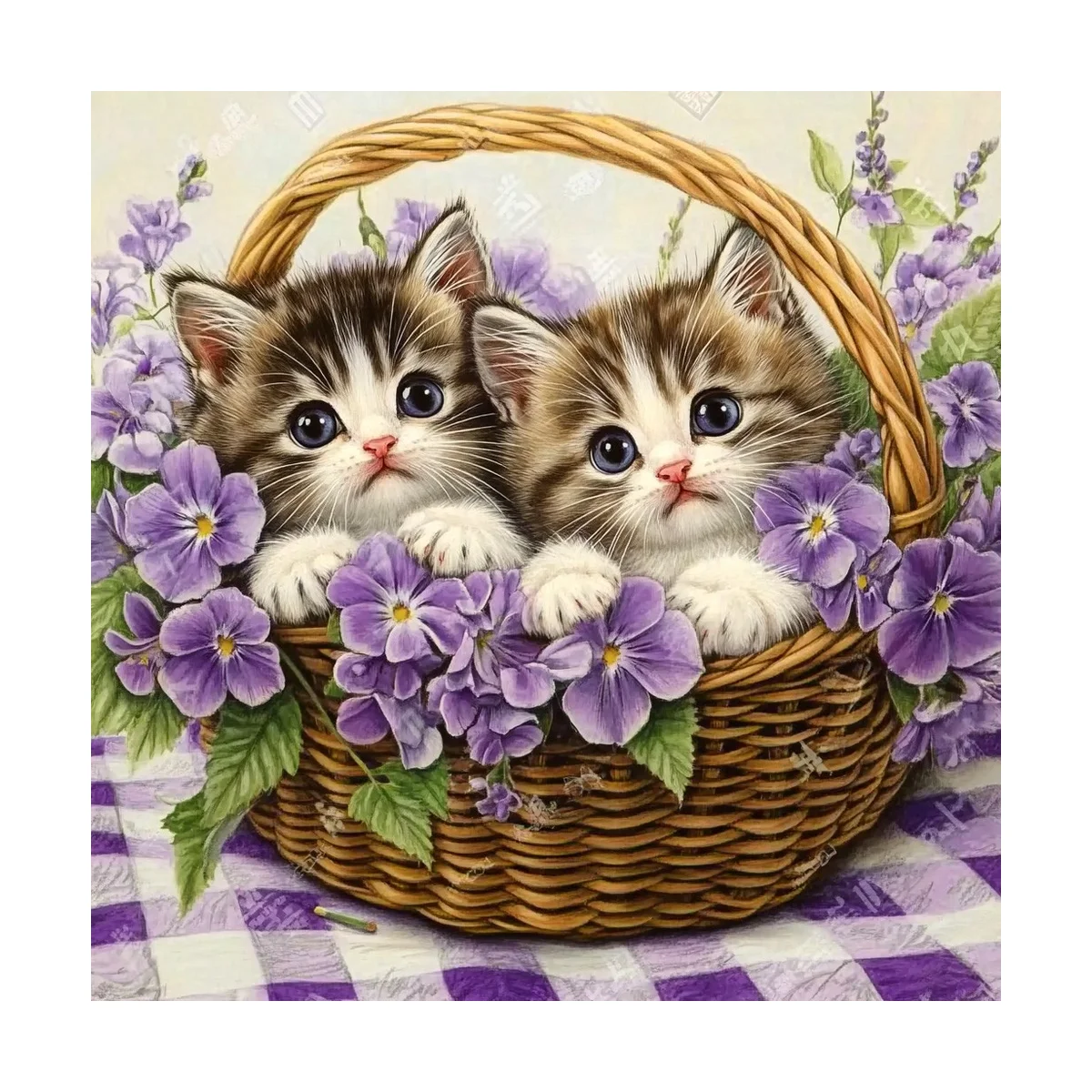 1 Stück 40x40 cm/15,74 Zoll, 11Ct/14Ct Kreuzstich-Set, DIY Valentinstagsgeschenk, Stickerei-Set für Festlichkeiten, Kätzchen im Blumenkorb – Detail 3