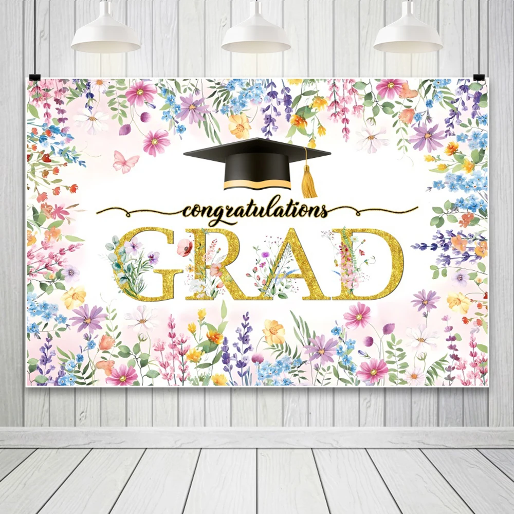 Graduate Background For Photography Bachelor'S Cap Flower And Green Plant Backdrop Cloth Customized Graduation Decorations 2025