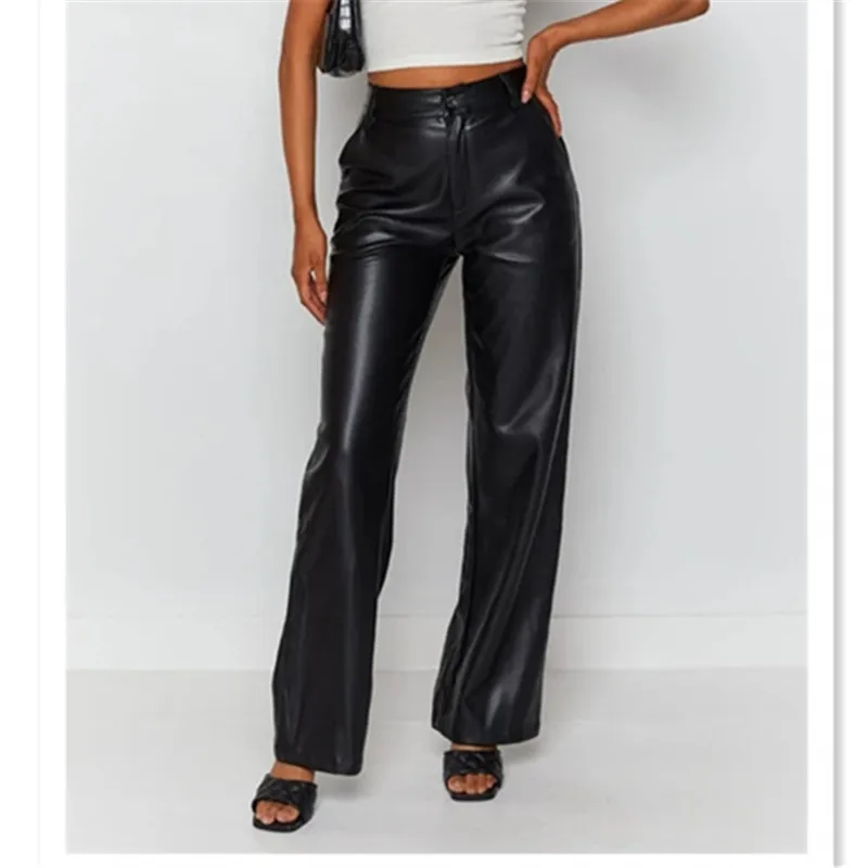 Women's Leather Pants High Waist Fashion Wide Leg Pants Autumn Winter New Straight Tube Pants Women High Elastic PU Leather Pant