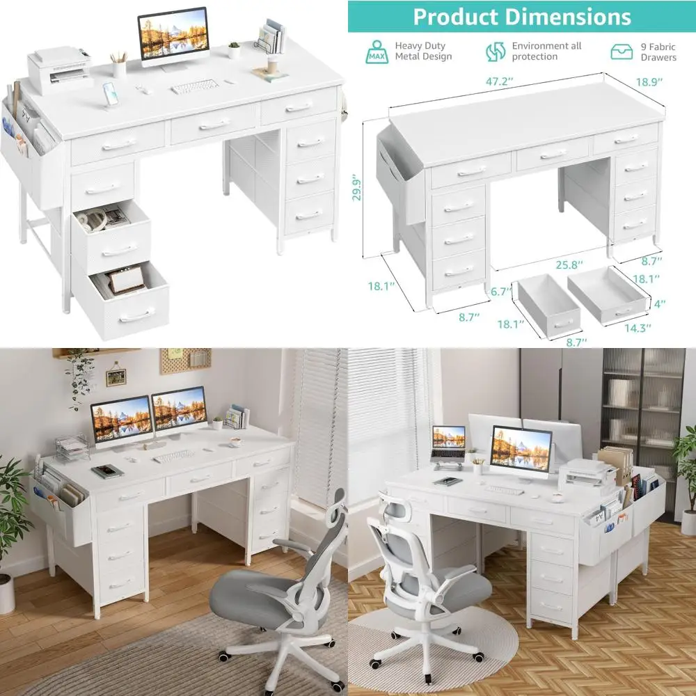 

47 просторных столов для домашнего офиса с 9 ящиками для хранения вещей — идеально подходит для учебы, письма и туалетного столика с тканевыми ящиками