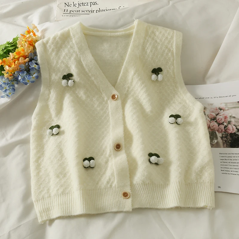 

Sweater Vest Women Spring Hot Sale Cozy Fashion Sweet Y2k Cherry All-match Simple Popular Korean Style V-neck Lovely BF Женские
