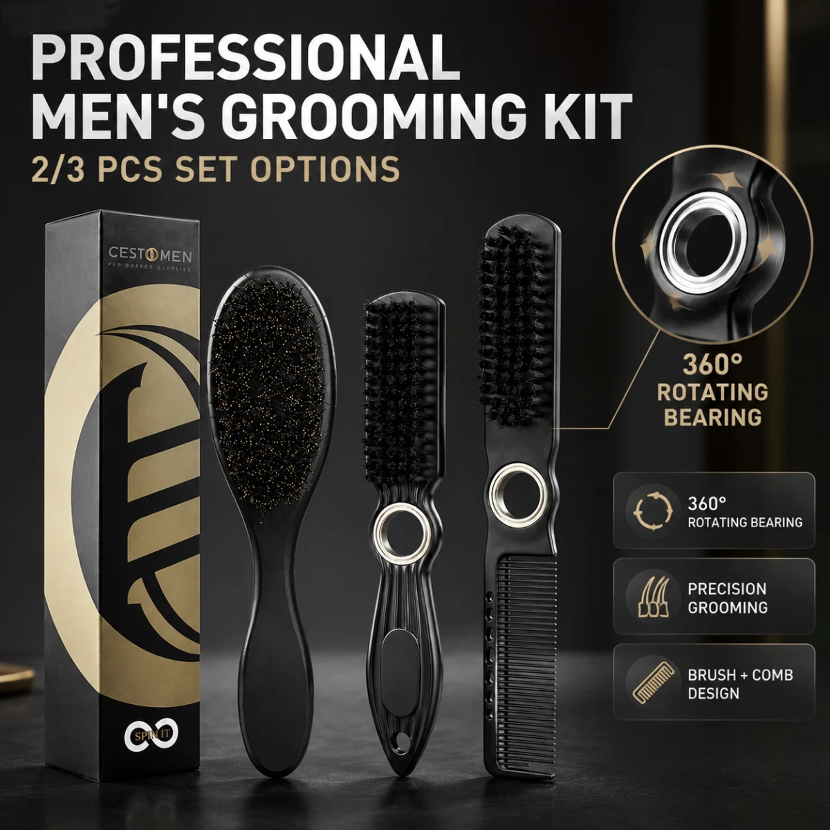2/3Pcs Pro Barber Brush Kit For Men Portable Spinning Fade Haircut Brushes Boar Bristle Neck Duster Cleaning Brush Styling Tools
