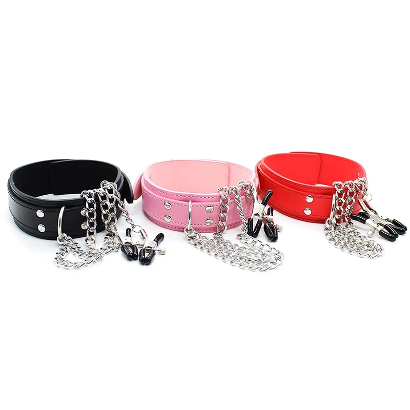 Sexy Leather Choker Collar With Nipple Clamp Breast Clip Chain Couple Bondage Sex Toys For Woman Tools Adult Couples Games