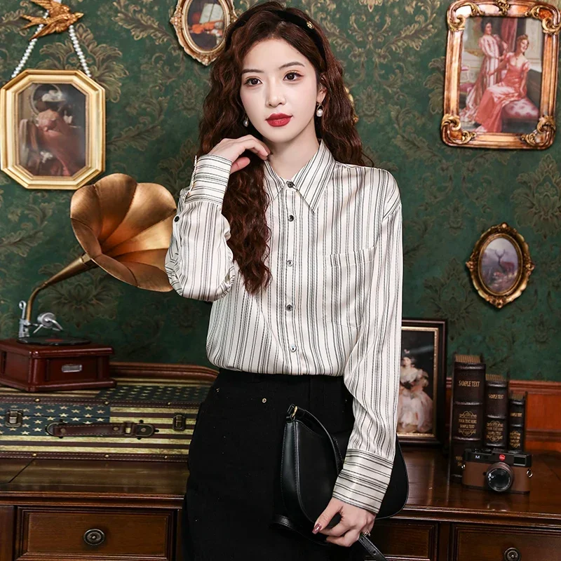 Satin Casual Women's Blouses Spring/Summer New Prints Korean Stripe Shirts Loose Long Sleeves Top Silk Vintage Clothing Sales