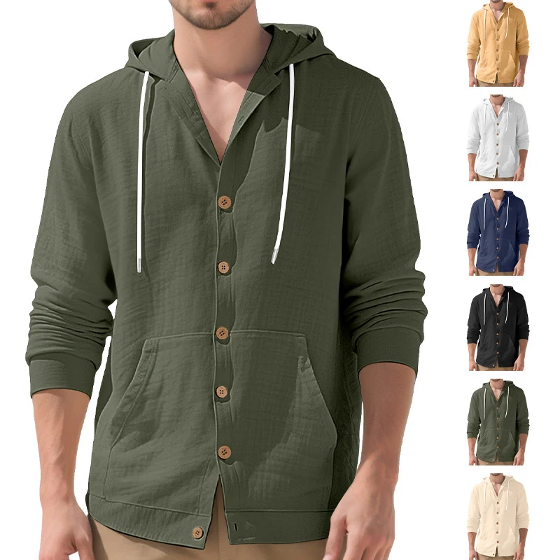 Spring Autumn Hooded Linen Shirt for Men Fashion Loose Sports Hooded Shirt Front Pocket Drawstring Long Sleeve Cardigan Hoodies