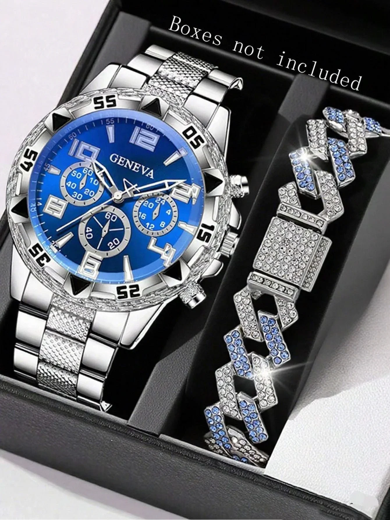 Casual Men's Quartz Watch And Diamond Embedded Cuban Bracelet Necklace Set for Daily Use Birthday Gift without Box