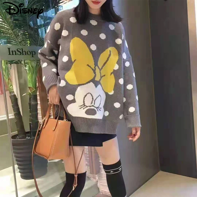 Disney 2022 New Arrival Top Fashion Beading Cotton O-neck Casual Cartoon Mickey Mouse Long Sleeve Loose Women Pullover Sweater