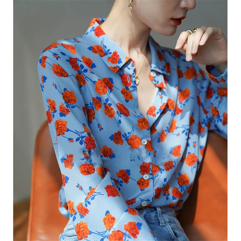 Women\'s Clothing 2023 Flower Print Vintage Elegant Button Up Shirt Trendy Street Chic Blouse Long Sleeve Loose Tops Blusas Mujer