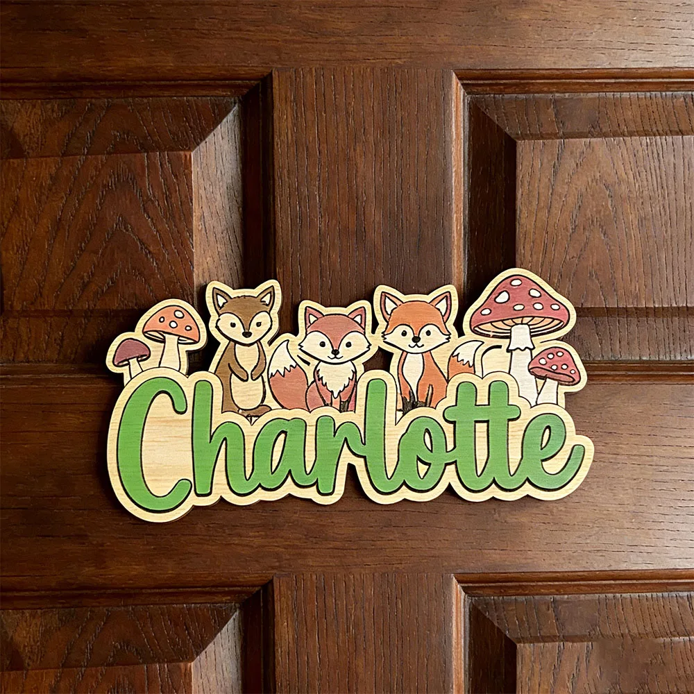 Personalized Fox & Mushrooms Name Sign, Custom Wooden Kids Room Decor, Cute Nursery Door Plaque, Unique Woodland Gift