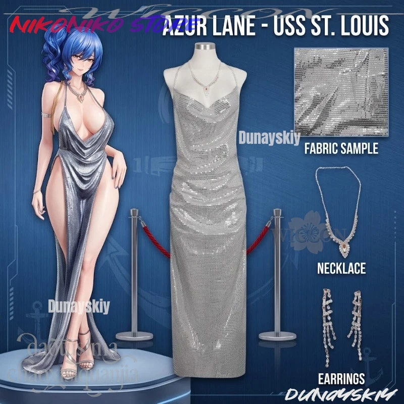 

Anime Game Azur Lane Cosplay USS St. Louis Sequins Evening Gown Sexy Long Dress Spaghetti Strap Waist Cinching Dress Wigs 코스프레