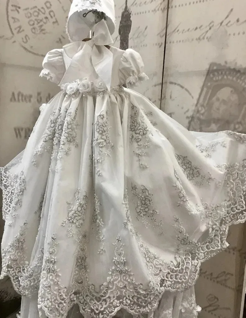 White Baby Dress Baptism Dresses Extra Long 1st year Lace Appliques Birthday Party Wedding Christening Baby Infant Clothing
