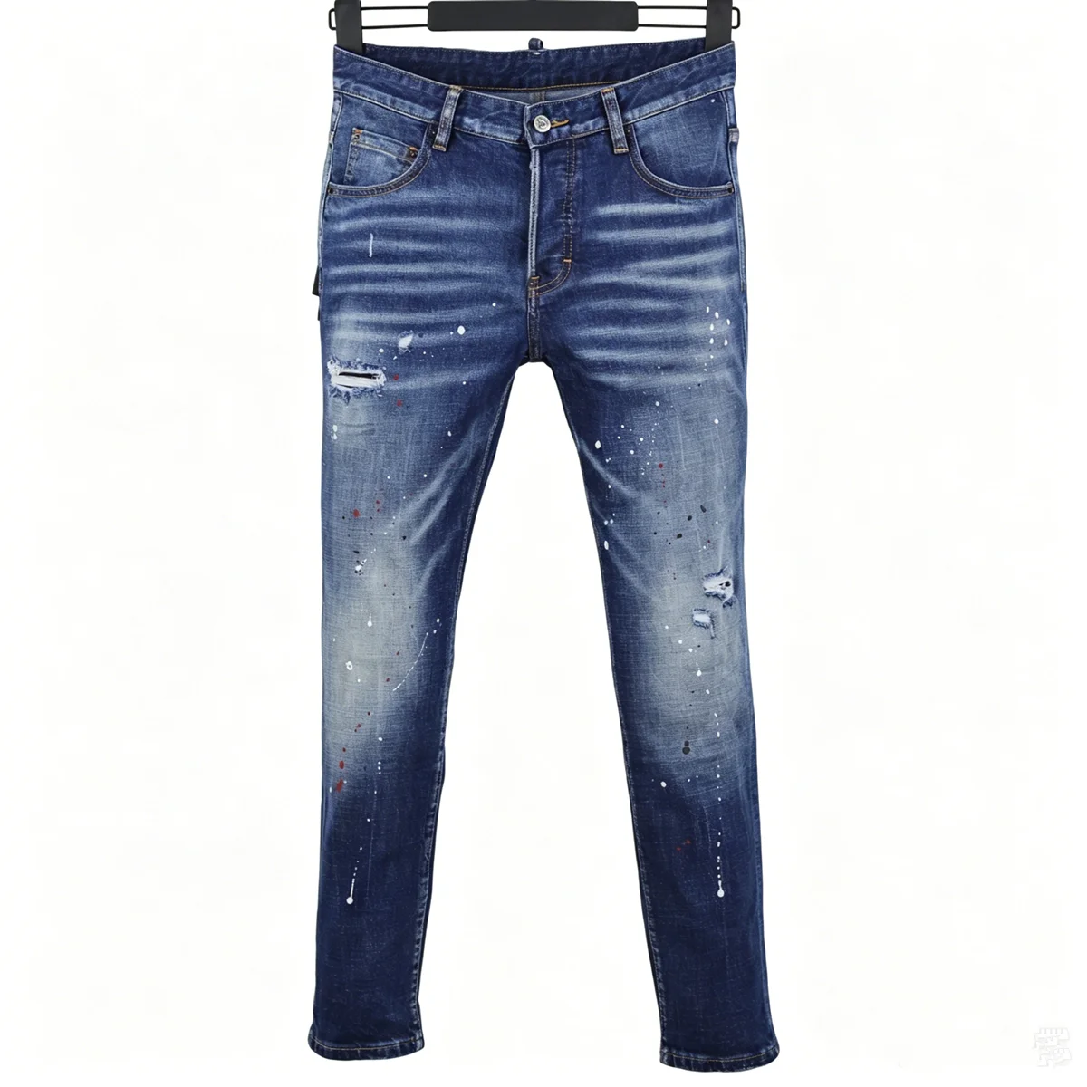 

6052 Four Seasons New Men's Washed and Abraded Full Graffiti Print Blue Small Straight Jeans for Men