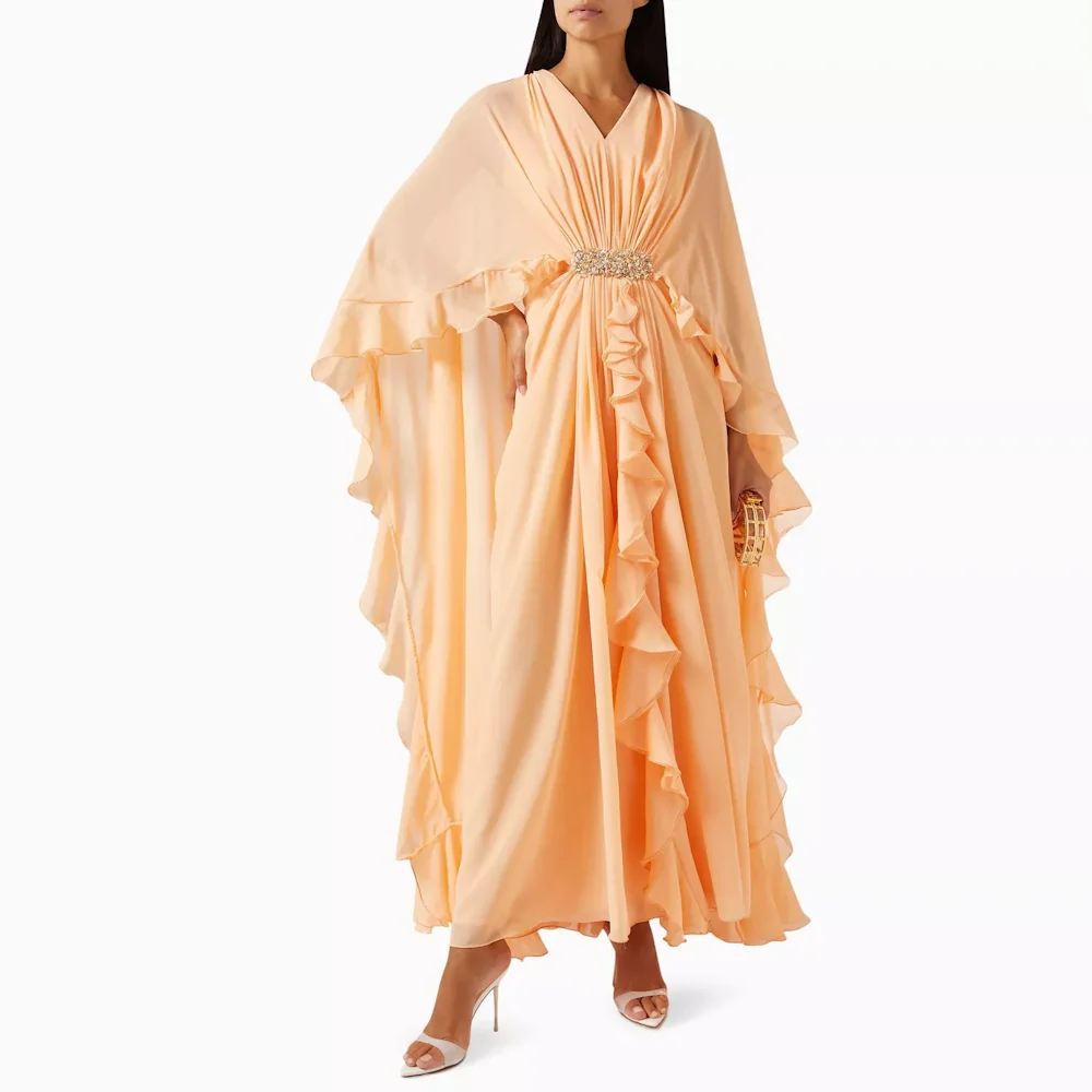 Muloong Peach V Neck A Line Maxi Dress Cape Sleeves Tonal ruffle Ankle Length Classic Evening Dress Beads Saudi Aribia Prom Gown