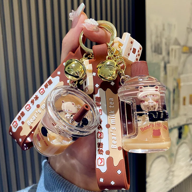 Cartoon Acrylic Bear Milk Tea Cup Keychain Trend Lollipop Mug Drink Bottle Keyring Cute Bag Car Key Pendant for Girl Friends